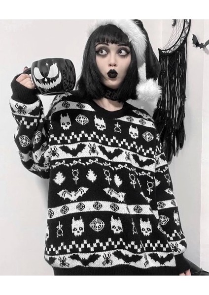 Gotik Punk Christmas Yılbaşı Noel Yarasalı Triko Kazak fiyatları