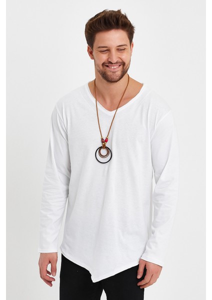 V Yaka Uzun Kollu Asimetrik ve Pis Kesim Detaylı Tişört & Rahat Kesim