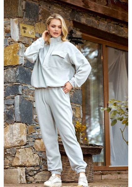 24063 Kadın Dik Yaka Polar Eşofman Takımı-Mint