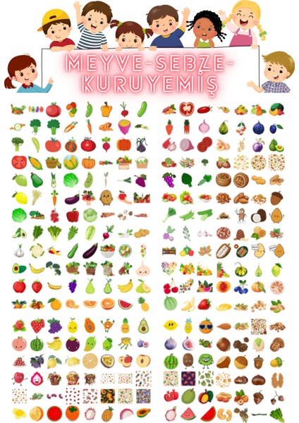 345 Adet Meyve - Sebze - Kuruyemiş Karışık Sticker / Etiket / Okul Etiket / Çıkartma