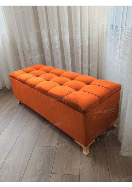 Yeni Model Lüks Çizgi Kapitoneli Sandıklı Puf Bench (90*45) Gold Ayak