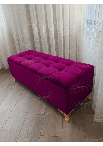 Yeni Model Lüks Çizgi Kapitoneli Sandıklı Puf Bench (90*45) Gold Ayak