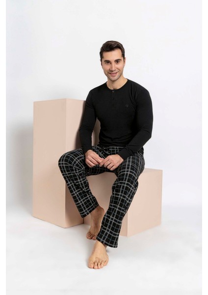 Erkek Siyah Ekose Modal Uzun Kol Cepli Eş Sevgili Çift Pijama Takımı-tek Ürün Fiyatı-sevgililer Günü