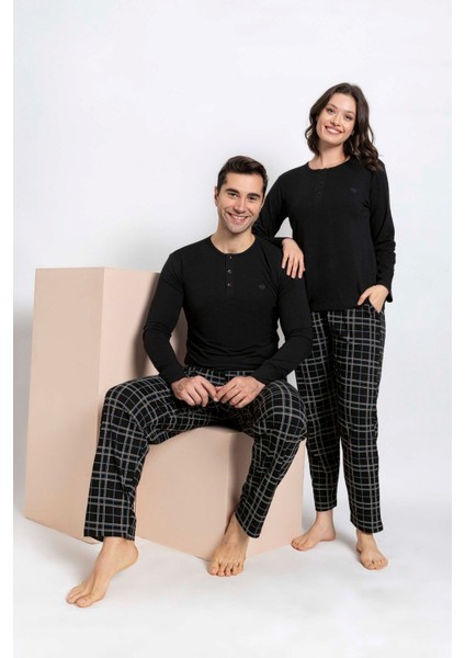 Erkek Siyah Ekose Modal Uzun Kol Cepli Eş Sevgili Çift Pijama Takımı-tek Ürün Fiyatı-sevgililer Günü fiyatları