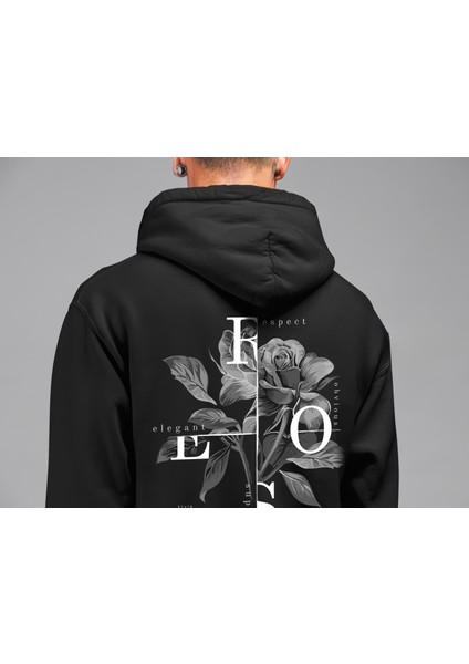 Rose Ön ve Arka Baskılı Özel Tasarım Unisex Siyah Baskılı 3 Ip Kapüşonlu Sweatshirt Hoodie