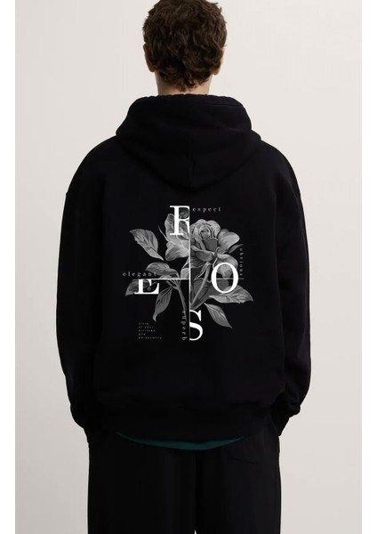 Rose Ön ve Arka Baskılı Özel Tasarım Unisex Siyah Baskılı 3 Ip Kapüşonlu Sweatshirt Hoodie