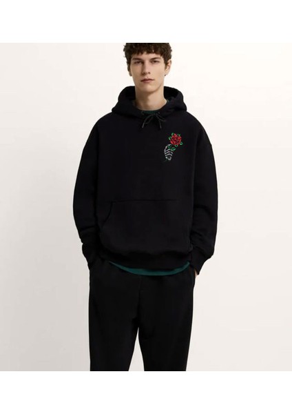 Rose Ön ve Arka Baskılı Özel Tasarım Unisex Siyah Baskılı 3 Ip Kapüşonlu Sweatshirt Hoodie