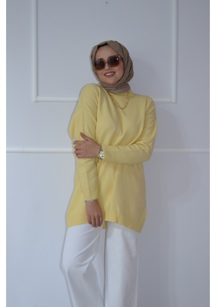 Sarı Düz Triko Kazak Tunik