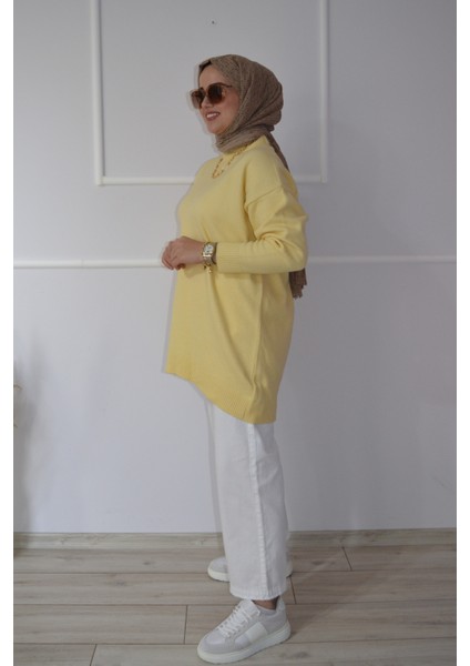 Sarı Düz Triko Kazak Tunik
