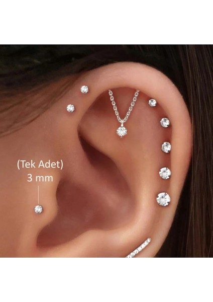 3 mm Tektaş Cerrahi Çelik Tragus Helix Kıkırdak Conch Gümüş Renk 6 mm Piercing