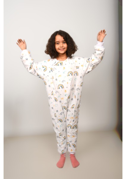 Voguevista Elyafsız Kışlık Uzun Kollu Çift Kat %100 Pamuk Pazen Uzaylı ve Gökkuşağı Desenli Cocuk Bebek Uyku Tulumu
