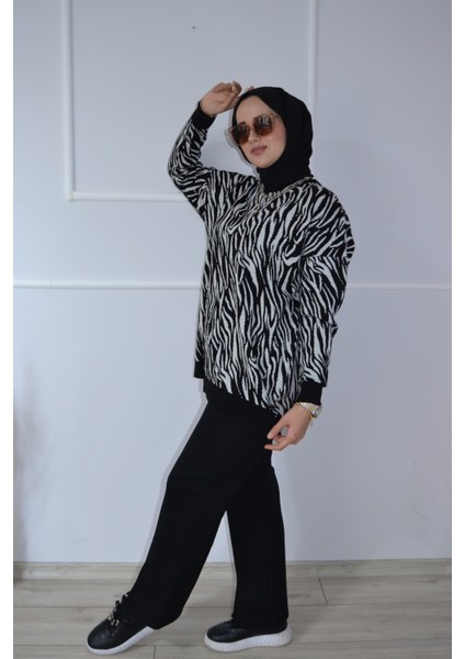 Zebra Desen Triko Kazak Tunik