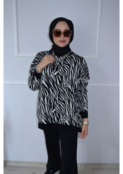 Zebra Desen Triko Kazak Tunik