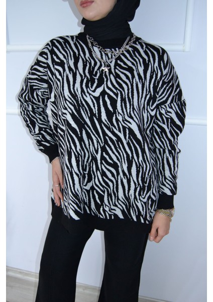 Zebra Desen Triko Kazak Tunik