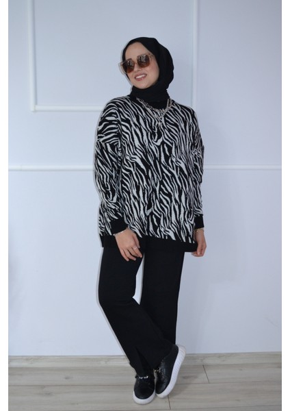Zebra Desen Triko Kazak Tunik