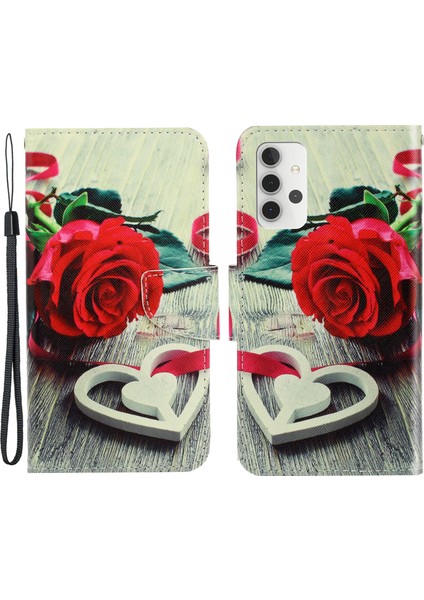 Desen Baskı Cüzdan Tasarımı Çapraz Doku Doku Deri Telefon Kapak Kılıfı Samsung Galaxy A32 4g (Ab Versiyonu) -Rose Çiçek (Yurt Dışından)