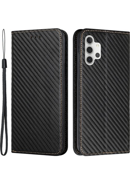 Karbon Fiber Doku Manyetik Kapatma Samsung Galaxy A32 5G/M32 5g-Black Için Kayış ile Stand Stand Standı (Yurt Dışından)