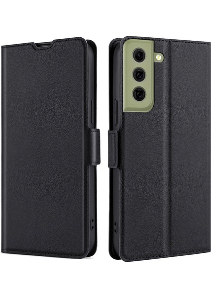 Samsung Galaxy S21 Fe 5g-Black Için Stand ve Kart Yuvası ile Yan Manyetik Kapatma Ultra Deri Deri Telefon Kılıfı (Yurt Dışından)