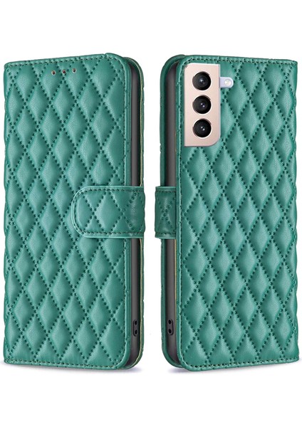 Samsung Galaxy S21+5G Cüzdan Kapağı Için, Basılı Eşkenar Dörtgen Desen Yumru Geçirmez Standı Mat Pu Deri Vaka-Yeşil (Yurt Dışından)