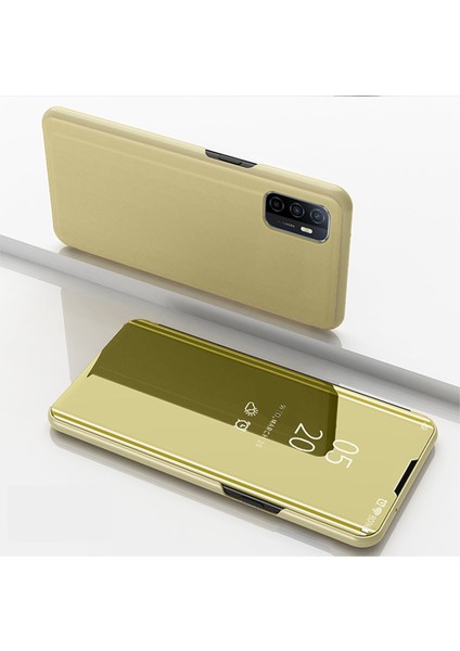 Samsung Galaxy A32 5G/M32 5g-Gold Için Stand Standlı Pencere Elektruman Ayna Yüzey Deri Kılıf Kılıfı (Yurt Dışından)