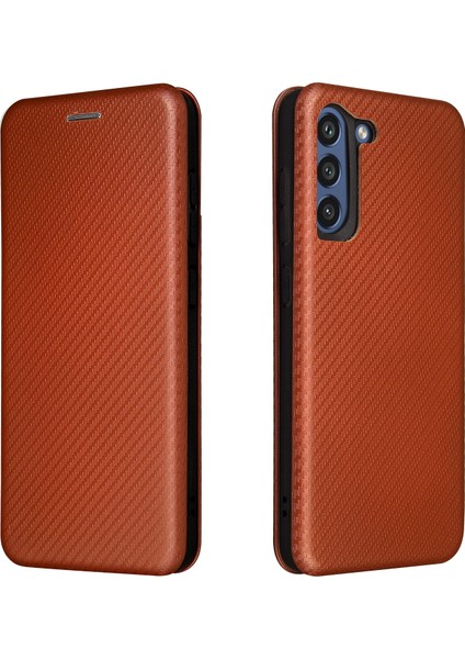 Samsung Galaxy S21 Fe-Orange Için Kart Tutucu ve Halka Kayışı ile Otomatik Emilmiş Karbon Fiber Doku Şok Geçirmez Deri Kasa (Yurt Dışından)
