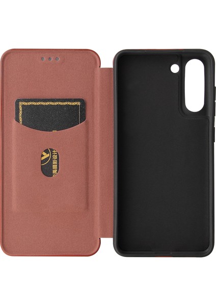 Samsung Galaxy S21 Fe-Orange Için Kart Tutucu ve Halka Kayışı ile Otomatik Emilmiş Karbon Fiber Doku Şok Geçirmez Deri Kasa (Yurt Dışından)