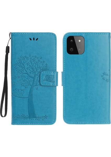 Baykuş Ağacı Deseni Deri Deri Cüzdan Stand Samsung Galaxy A22 5g (Ab Versiyonu) -Blue Için (Yurt Dışından)