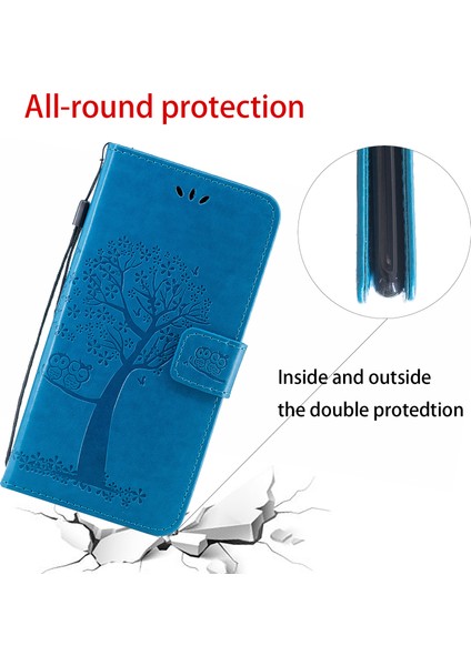 Baykuş Ağacı Deseni Deri Deri Cüzdan Stand Samsung Galaxy A22 5g (Ab Versiyonu) -Blue Için (Yurt Dışından)