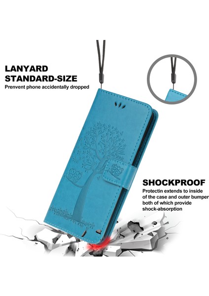 Baykuş Ağacı Deseni Deri Deri Cüzdan Stand Samsung Galaxy A22 5g (Ab Versiyonu) -Blue Için (Yurt Dışından)