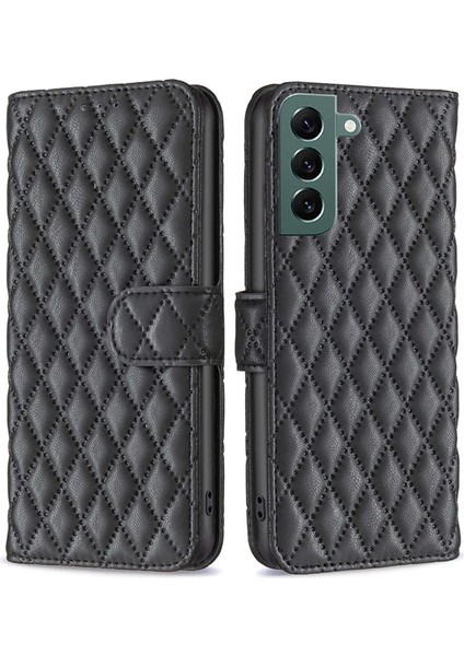 Samsung Galaxy S22+5G Rhombus Desen Için Baskılı Stand Kılıf Mat Pu Deri Deri Flip Cüzdan Kapak Black (Yurt Dışından)