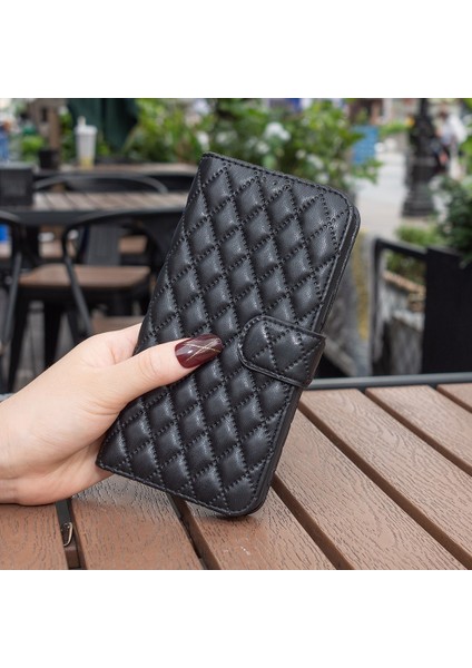 Samsung Galaxy S22+5G Rhombus Desen Için Baskılı Stand Kılıf Mat Pu Deri Deri Flip Cüzdan Kapak Black (Yurt Dışından)