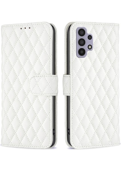 Samsung Galaxy A32 5G/M32 5g Için Baskılı Rhombus Patern Kılıf Stand Mat Pu Deri Cüzdan Kitap Tarzı Kapak-Beyaz (Yurt Dışından)