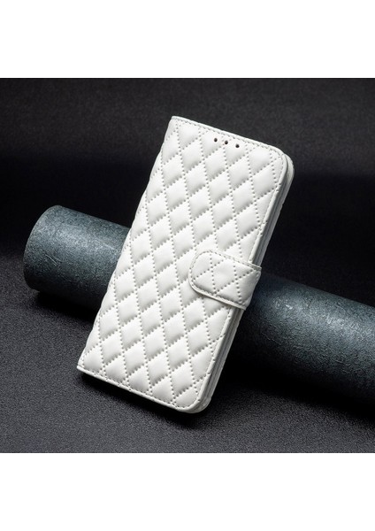 Samsung Galaxy A32 5G/M32 5g Için Baskılı Rhombus Patern Kılıf Stand Mat Pu Deri Cüzdan Kitap Tarzı Kapak-Beyaz (Yurt Dışından)