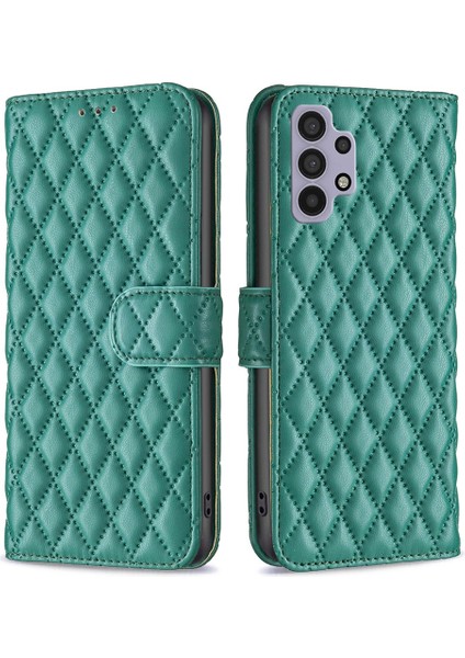 Samsung Galaxy A32 5G/M32 5g Baskılı Rhombus Desen Kılıfı Stand Mat Pu Deri Cüzdan Kitap Tarzı Kapak Yeşili (Yurt Dışından)