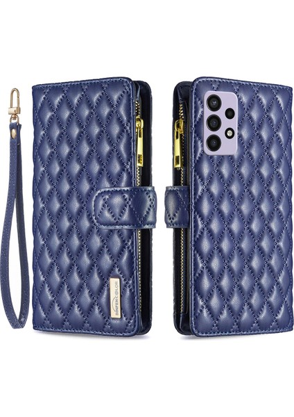 Samsung Galaxy A72 4g/5gimpact Dirençli Baskılı Rhombus Desen Kılıfı Zipper Cep Stand Mat Pu Deri Cüzdan Kapak Mavisi (Yurt Dışından)