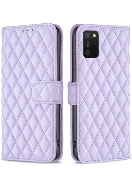 Samsung Galaxy A03S (166.5 x 75.98 x 9.14MM)/A02S (166.5X75.9X9.2MM) Cüzdan Kapağı, Sonbahar Kanıtı Basılmış Eşkenar Dörtgen Desen Standı Mat Pu Deri Kasa-Mor (Yurt Dışından)