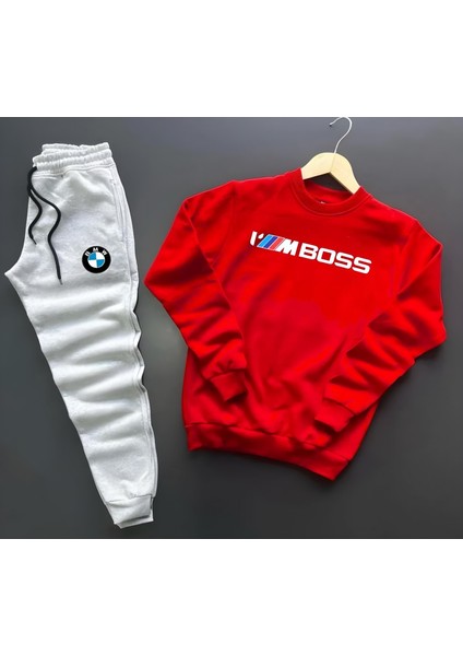 Yeni Sezon I'm Boss Baskılı Pamuklu Sıfır Yaka Sweat-Pamuklu Kışlık Eşofman Altı 2'li Takım