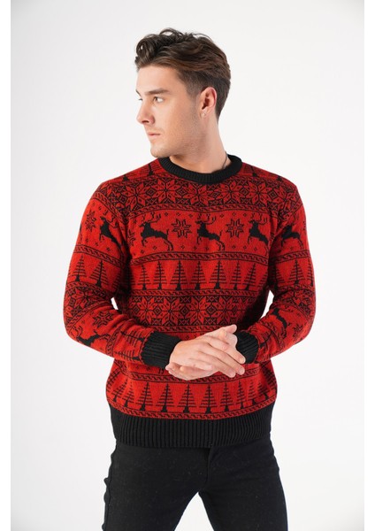 Erkek Bisiklet Yaka Geyik Desenli Yılbaşı Triko Kazak