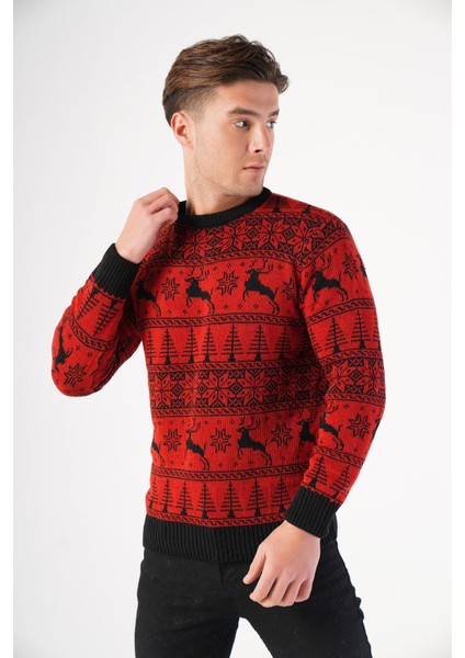 Erkek Bisiklet Yaka Geyik Desenli Yılbaşı Triko Kazak modelleri