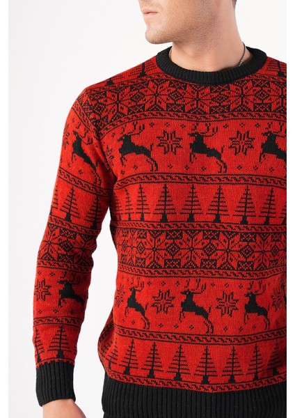 Erkek Bisiklet Yaka Geyik Desenli Yılbaşı Triko Kazak indirimleri