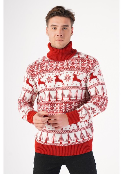 Erkek Balıkçı Yaka Geyik Desenli Yılbaşı Triko Kazak fiyatları