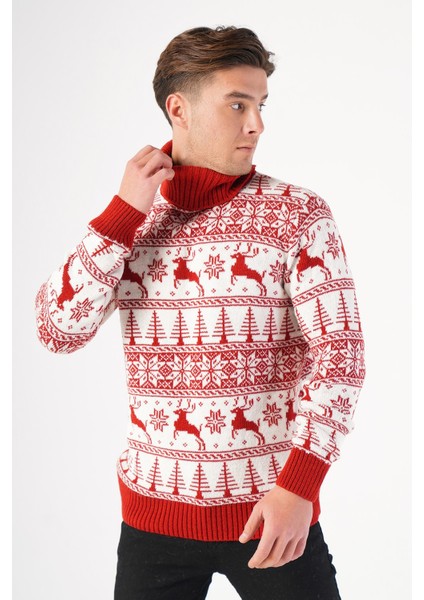 Erkek Balıkçı Yaka Geyik Desenli Yılbaşı Triko Kazak modelleri