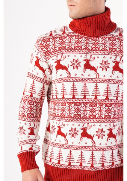 Erkek Balıkçı Yaka Geyik Desenli Yılbaşı Triko Kazak indirimleri