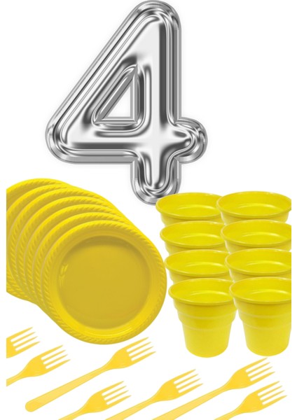 Sarı Tabak - Sarı Bardak - Sarı Çatal Gümüş Folyo Balon Rakam 4 Yaş fiyatları