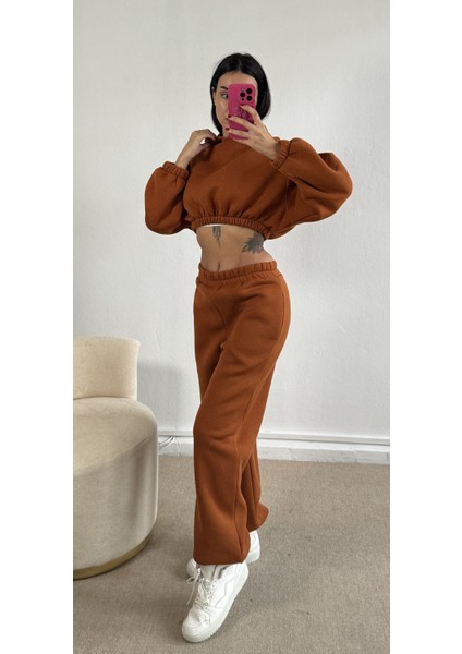 Karamel Kapşonlu Geniş Kesim Şardonlu Crop Sweatshirt 26260 modelleri