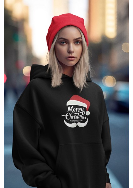 Siyah Merry Christmas Yeniyıl Kapşonlu Sweatshirt