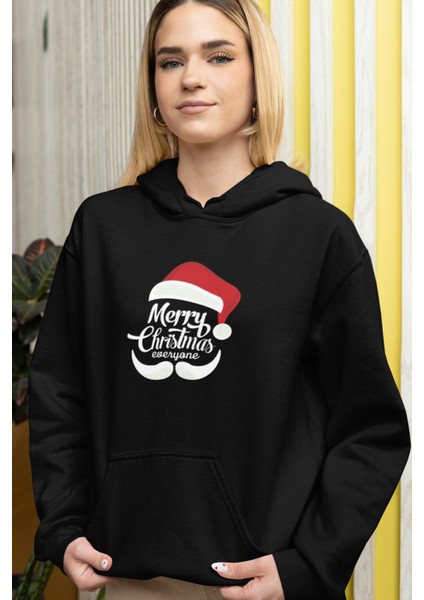 Siyah Merry Christmas Yeniyıl Kapşonlu Sweatshirt
