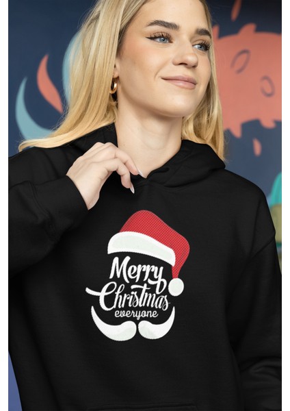 Siyah Merry Christmas Yeniyıl Kapşonlu Sweatshirt