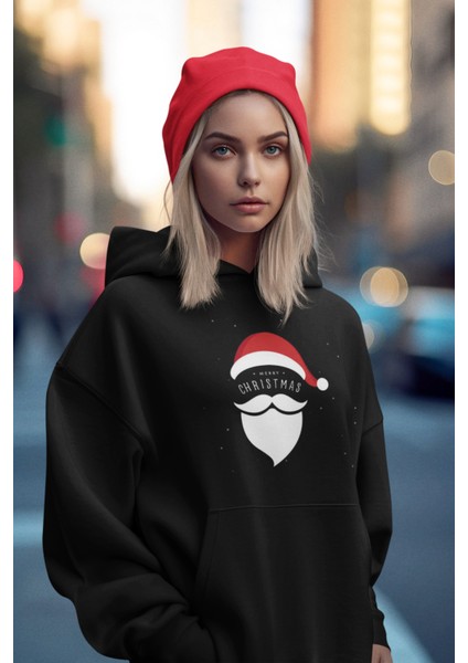 Siyah Merry Christmas Yeniyıl Kapşonlu Sweatshirt