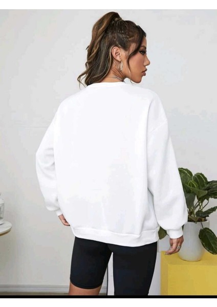 Bisiklet Yaka Beyaz Oversize Sweatshirt